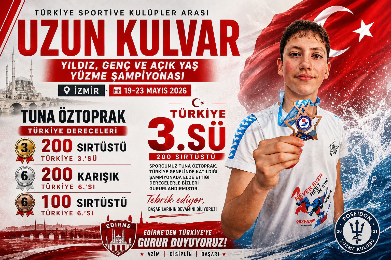 Edirne’nin yüzme branşındaki başarılı temsilcisi Poseidon Spor Kulübü, Türkiye genelinde düzenlenen dev şampiyonada elde ettiği derecelerle şehre büyük bir gurur yaşattı. 